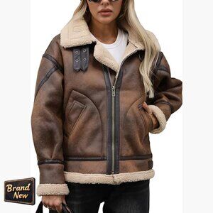 Faux Leather Bomber Jacket with Sherpa Lining, Loose Fit, Windproof